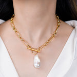 Baroque Pearl Pendant Figaro Chain Necklace - Miwanna