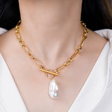 Baroque Pearl Pendant Figaro Chain Necklace - Miwanna